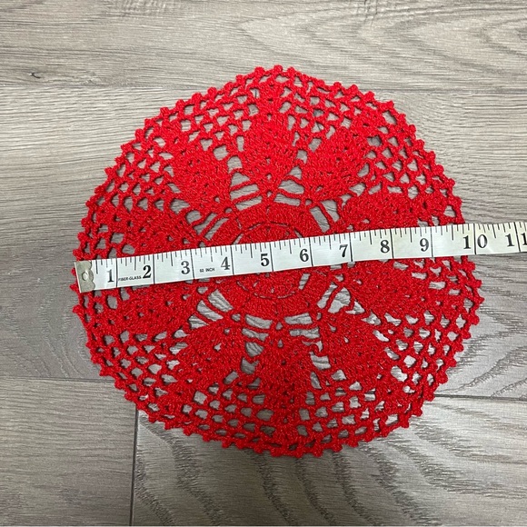Red Hand Crochet Lace Doily Table Placemats Runner Farmhouse Fabric Coaster - Picture 2 of 2